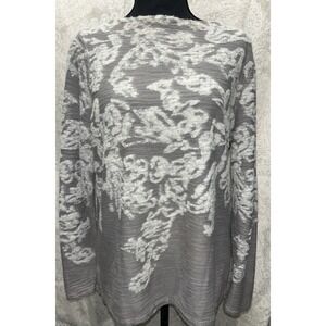 J Jill Gray White Floral Knit Pullover Sweater Long Sleeve Women's‎ M
